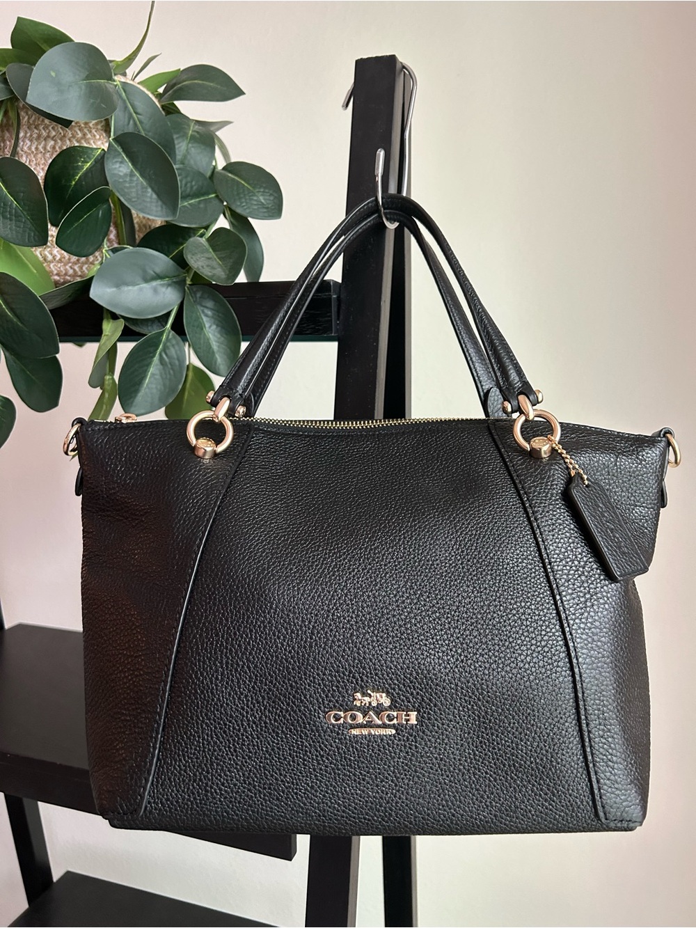 Coach Pebbled Leather Kacey Satchel in Black with Crossbody Strap.